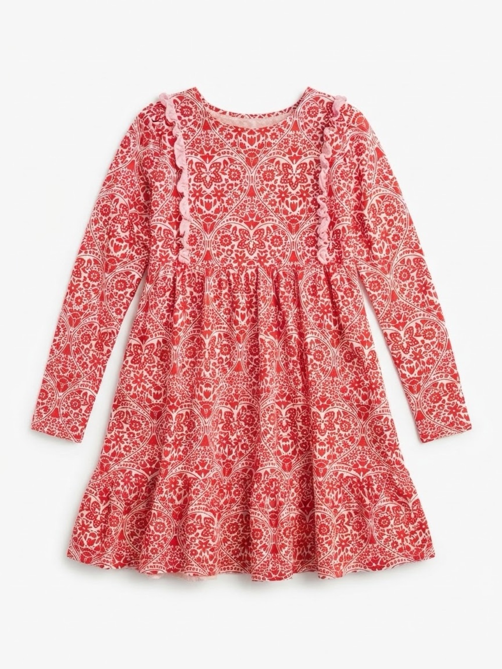 Mini Boden Red White Floral Heart Print Long Sleeve Ruffle Dress Size 11-12Y